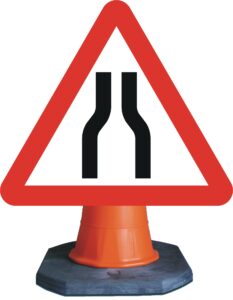 road narrows both ways sign - cone mounted road sign