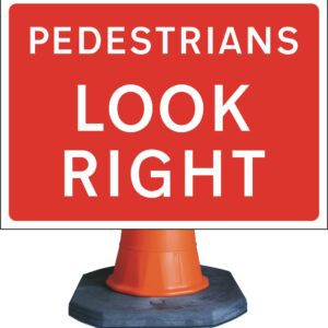 pedestrians look right road sign