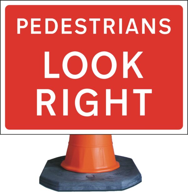 pedestrians look right road sign