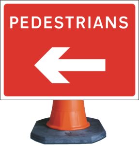 pedestrians arrow left cone mounted road sign